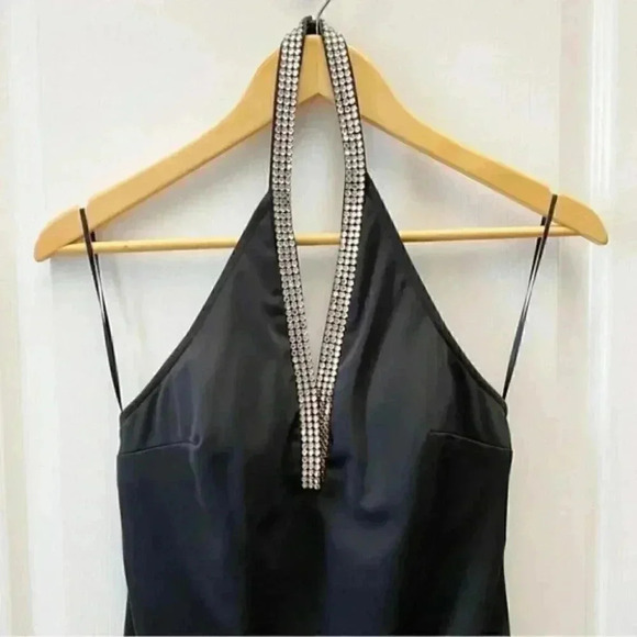 Vintage 90s JS Collections Long Black Formal Evening Gown Beaded Halter Neck 4 - Picture 8 of 16